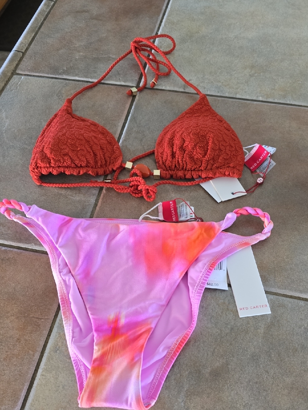 Red  Carter Crochet Triangle Bikini Top with Pink Tie-Dye Bottom